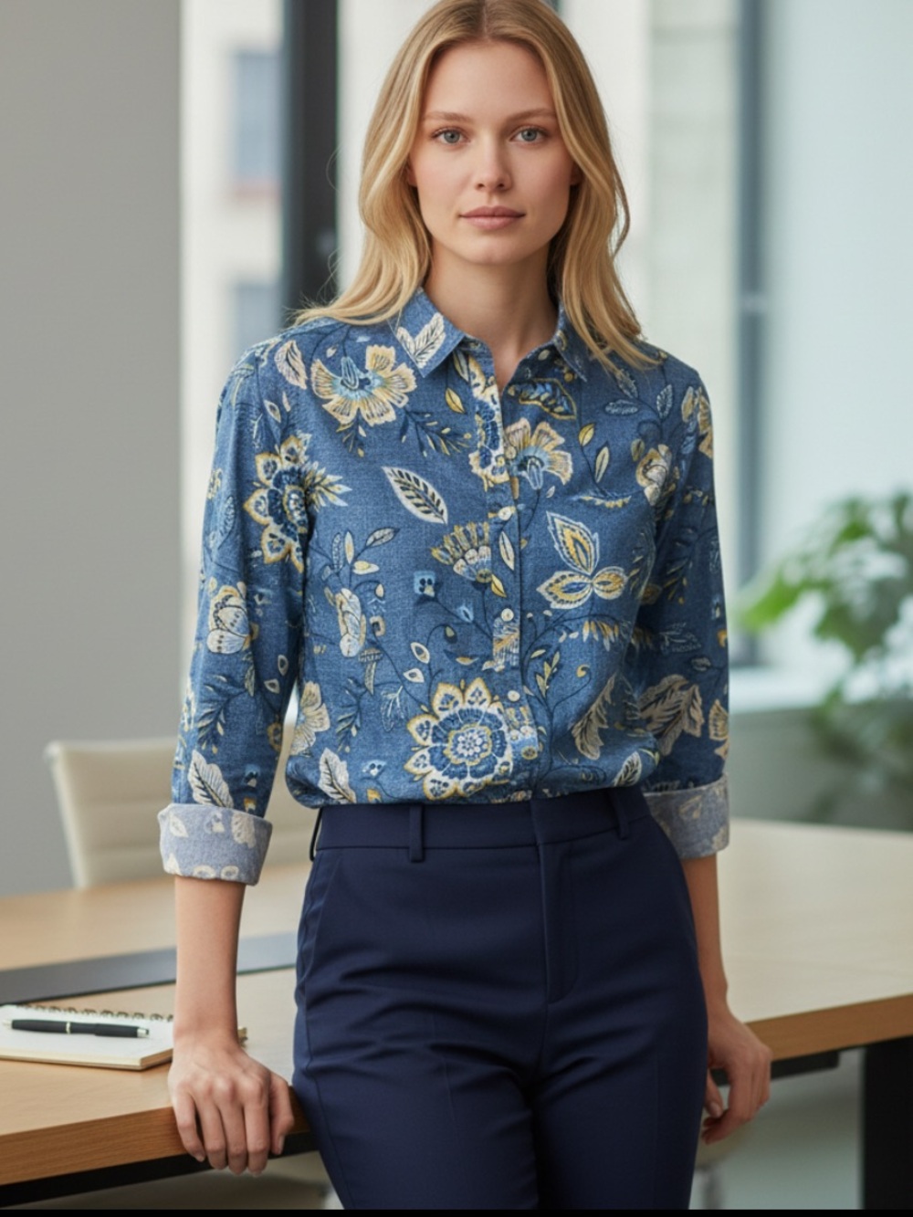 J. McLaughlin Blue Yellow Floral Casual Button-Down Shirt